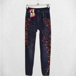 Womens Faux Denim Floral printed Leggings, Sz S